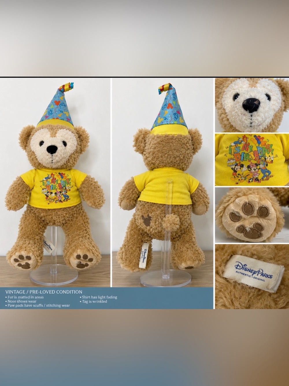 Vintage Disney Parks Duffy Bear Birthday Plush Party Hat Mickey Shirt Pre-Owned